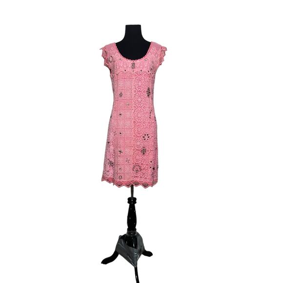 Yoana Baraschi coral pink crochet cap sleeves sheath mini dress size M - Picture 14 of 14